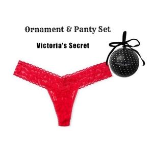 VS Lipstick Red Heart Lace One Size Thong Panty Christmas Tree Ornament Ball NEW